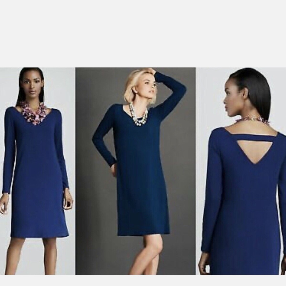 Eileen Fisher Shift Dress Black Ballet Neck Cut-Out Back Classic LBD  Si… - Picture 16 of 16